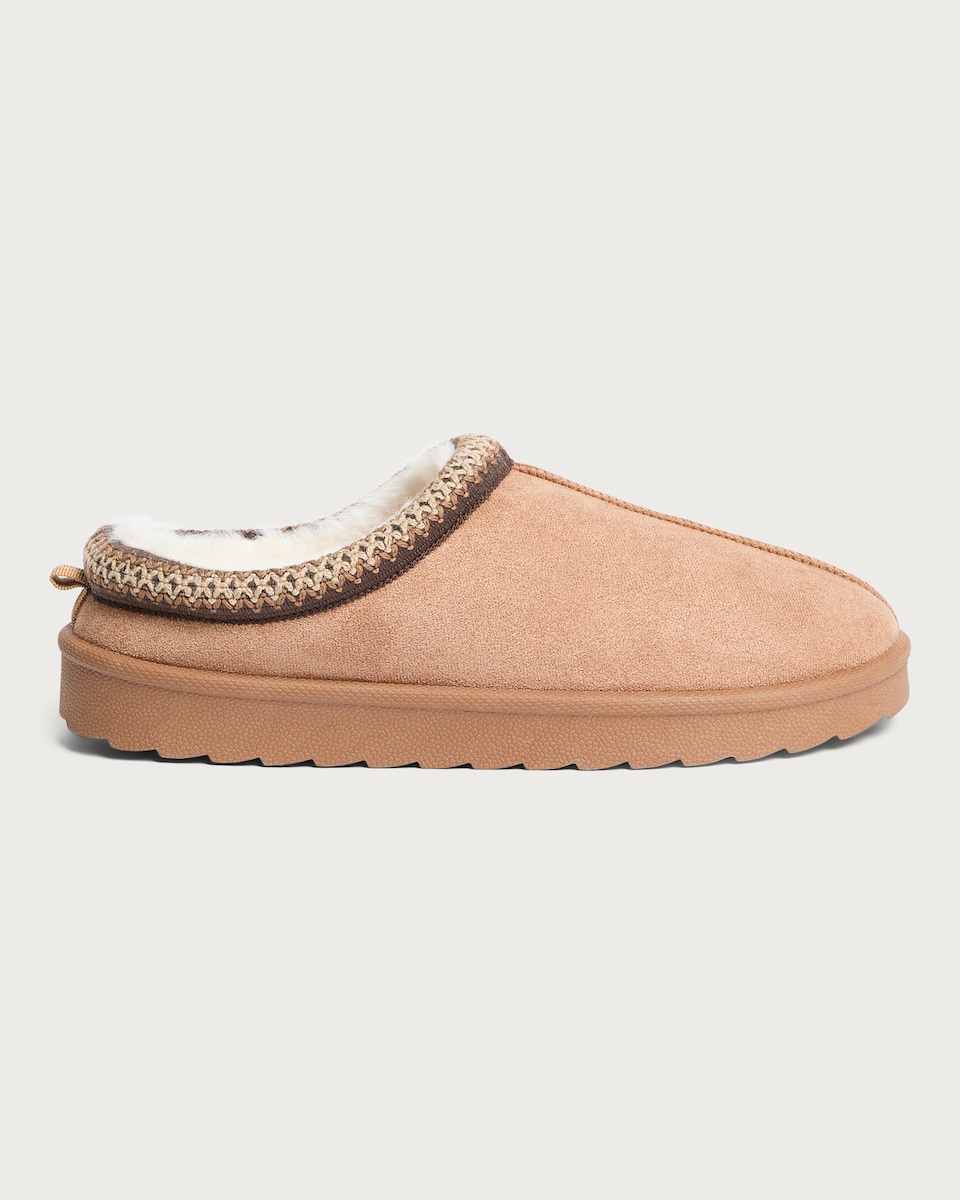 image 1 of F&F Faux Fur Lined Embroidered Mule Slippers in Tan