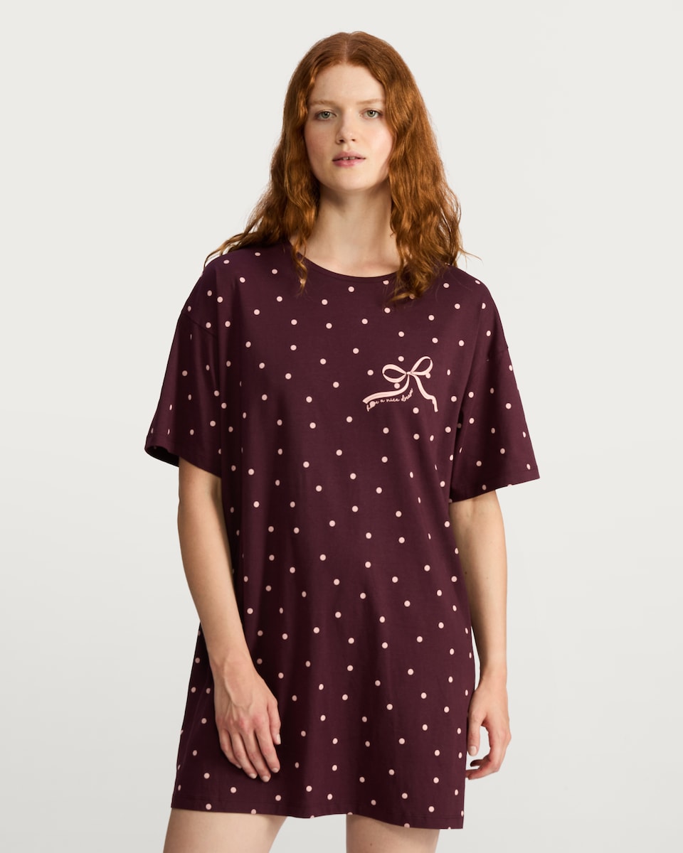 image 1 of F&F Pure Cotton Polka Dot Nightdress in Burgundy
