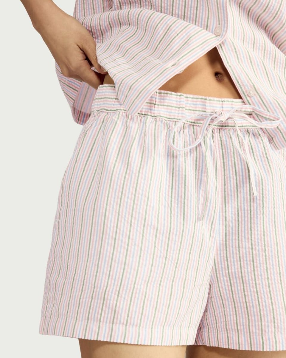 image 1 of F&F Pure Cotton Seersucker Striped Short Pyjama Set in Multi Green
