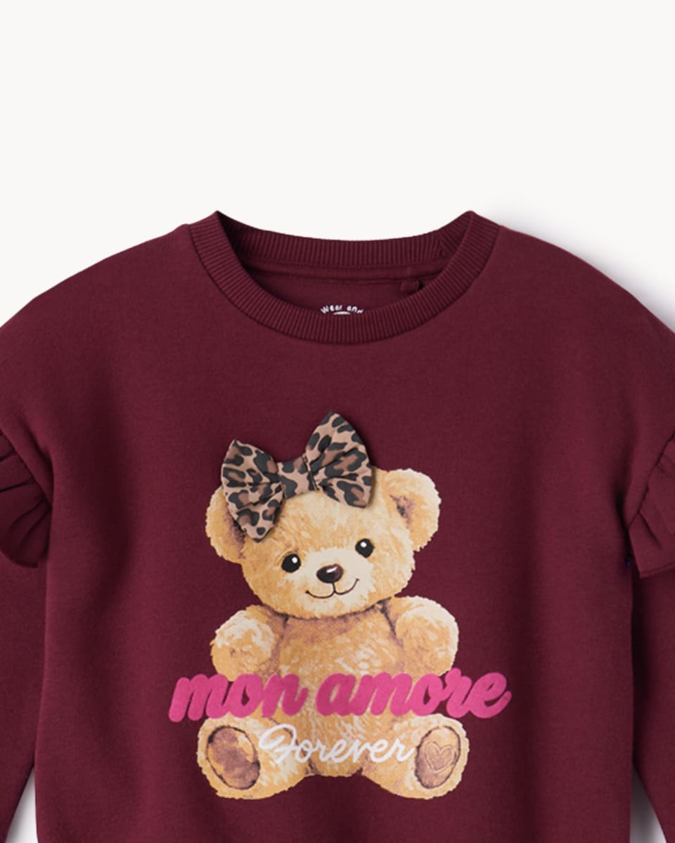 image 1 of F&F Girls Cotton Rich Teddy Sweatshirt and Flared Leggings Set in Multi Brown