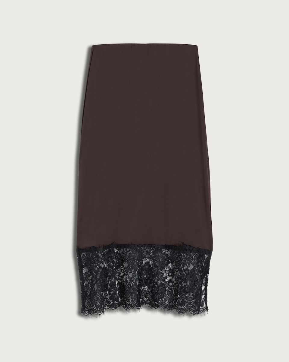 F&F Satin Lace Trim Co-ord Midi Skirt in Chocolate