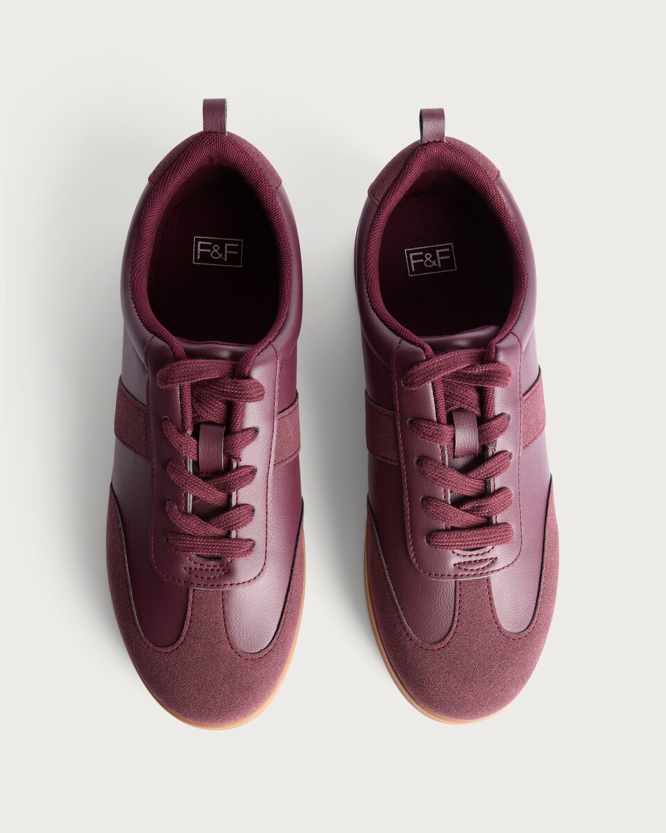 image 1 of F&F Panelled Lace Up Trainers in Burgundy