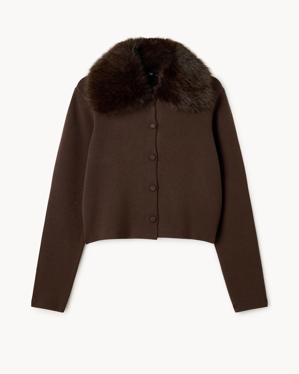image 1 of F&F Faux Fur Collared Cardigan in Chocolate