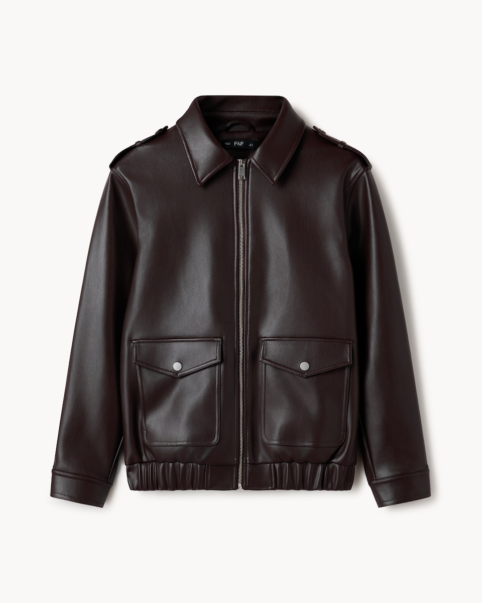 image 1 of F&F Faux Leather Patch Pocket Jacket in Burgundy