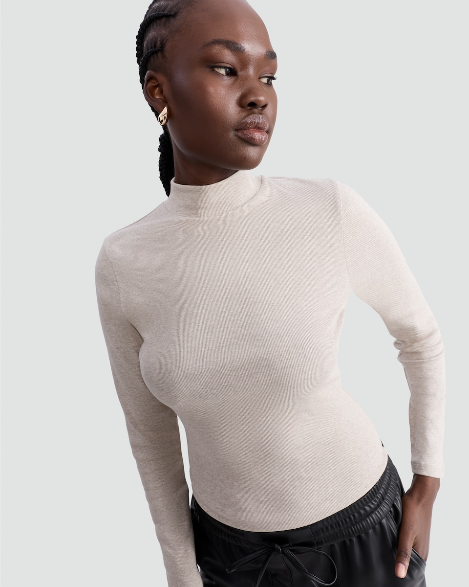 image 1 of F&F Cotton Rich High Neck Long Sleeved Top in Neutral