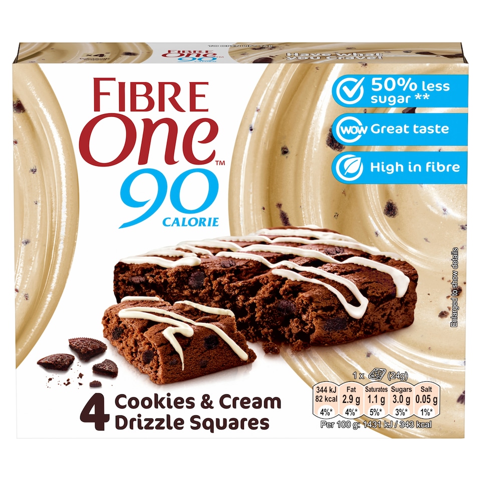 image 1 of Fibre One 90 Calorie Drizzle Squares - Cookies & Cream 4 x 24g