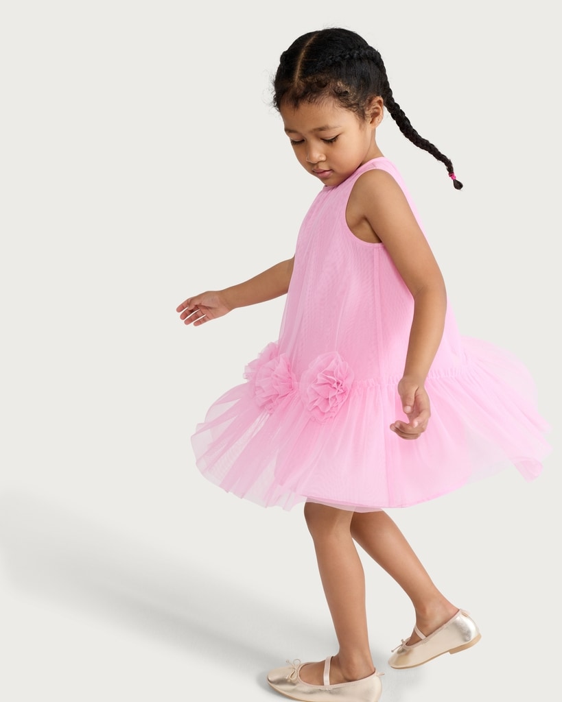 F&F Girls Tulle Flower Trim Sleeveless Dress in Pink