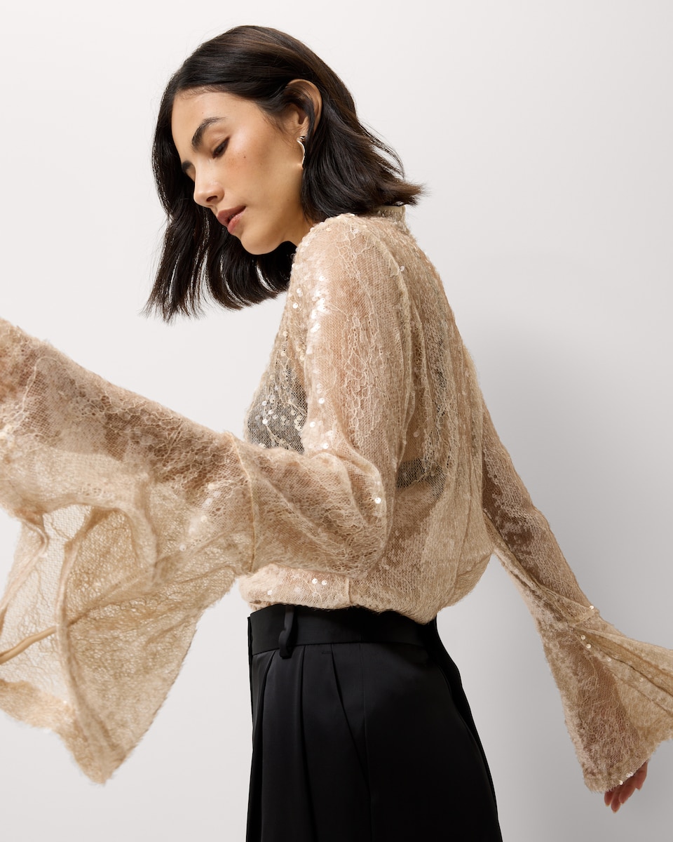 image 1 of F&F Sequin Lace High Neck Blouse in Neutral