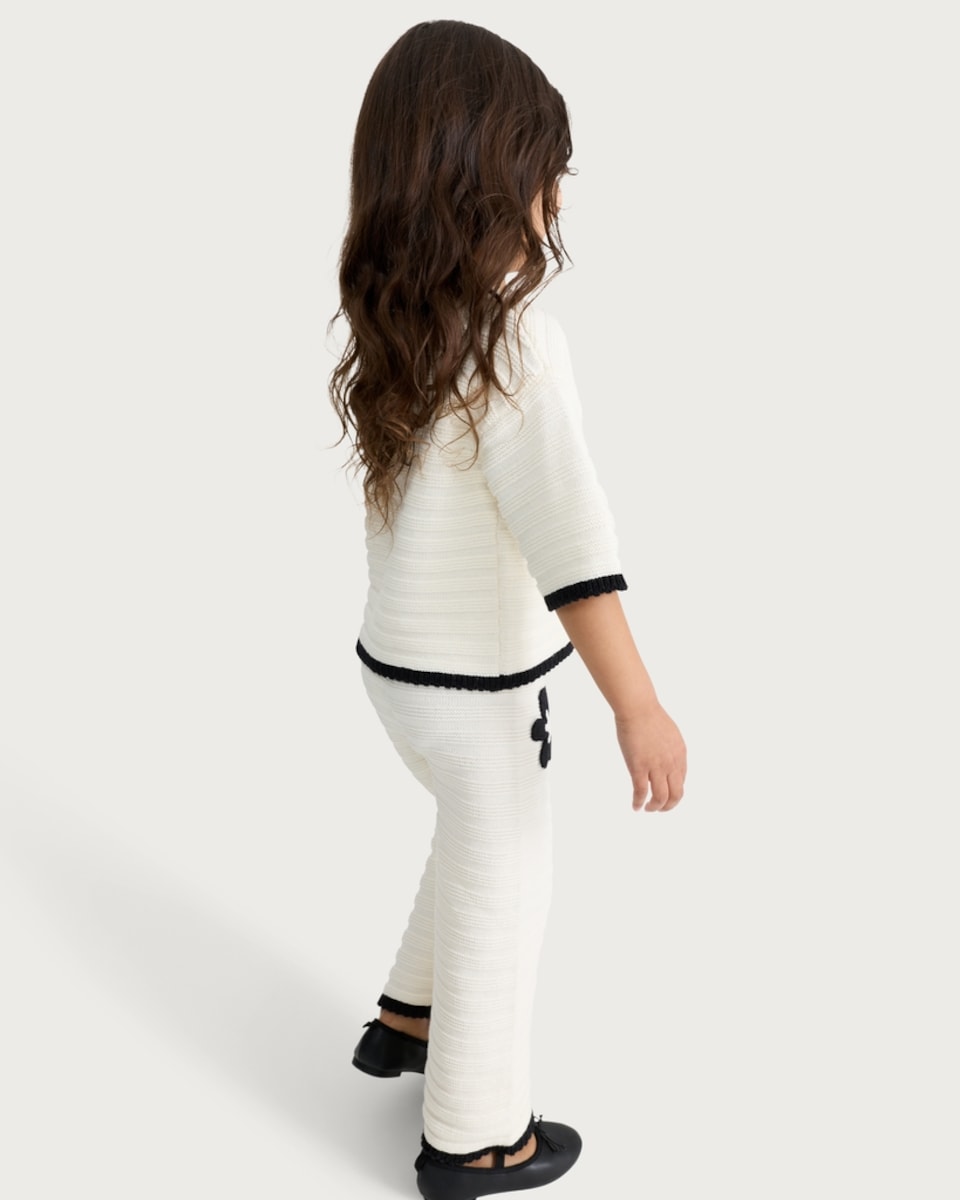 image 1 of F&F Girls 2-Piece Pure Cotton Knitted Textured Flower Top and Trousers Set in Cream