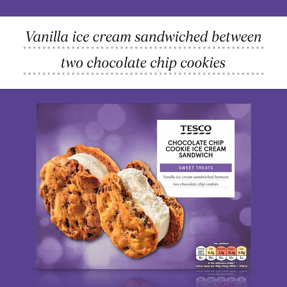image 1 of Tesco Chocolate Chip Cookie Ice Cream Sandwiches 4 x 45g