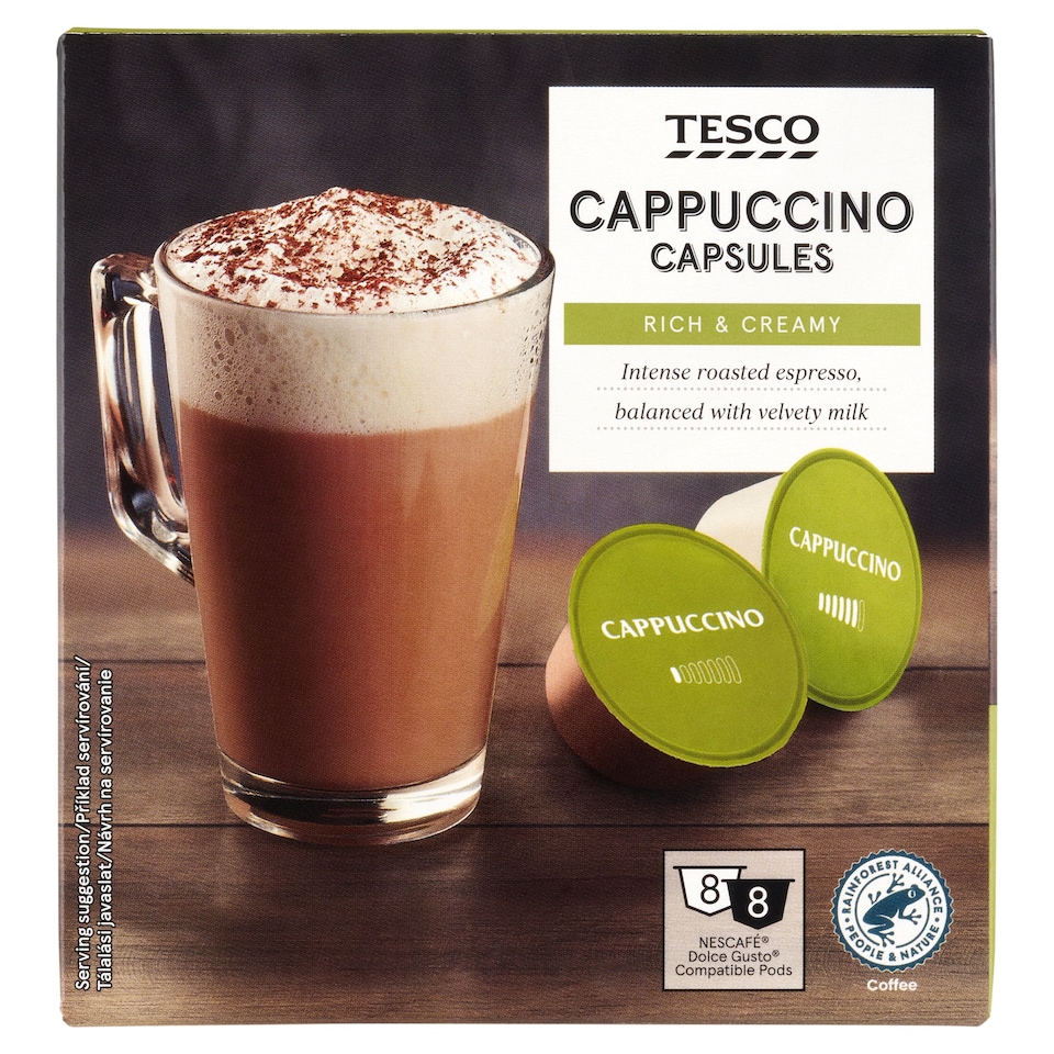 Tesco Cappuccino zmes praženej mletej kávy Arabica a Robusta 8 x 7 g + 8 x 17 g (192 g)