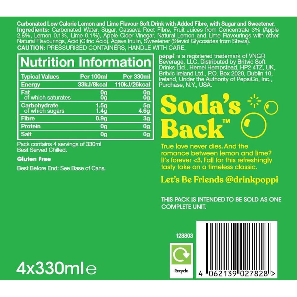 image 1 of Poppi Lemon & Lime Soda Wellness Drink Cans 4x330ml 