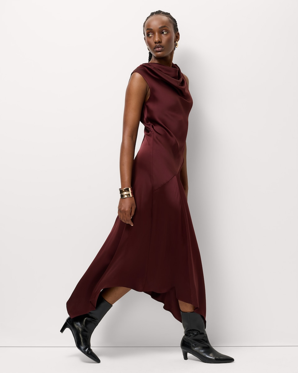 image 1 of F&F Satin Cowl Neck Midi Dress in Burgundy