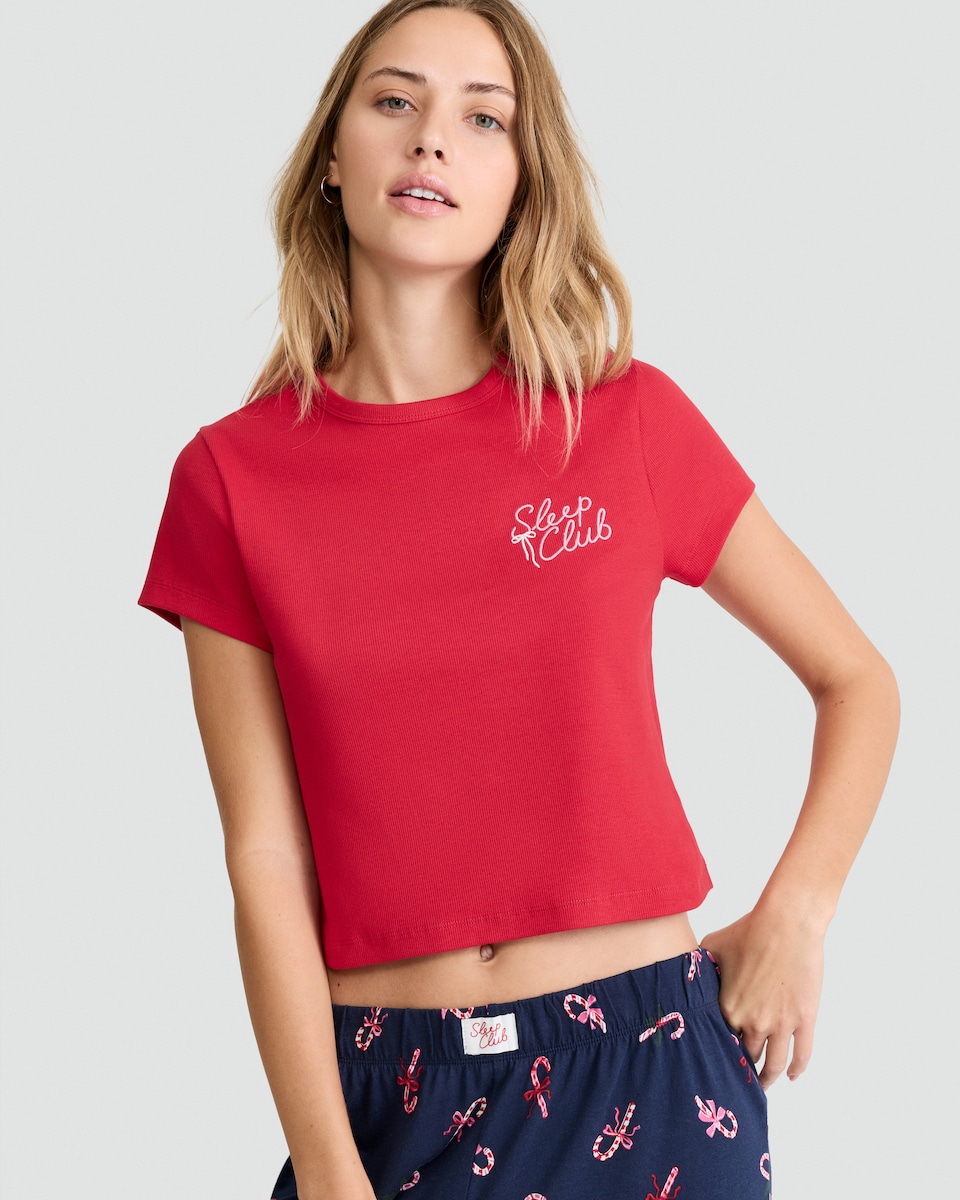 image 1 of F&F Cotton Rich Sleep Club Slogan Pyjama T-Shirt in Red