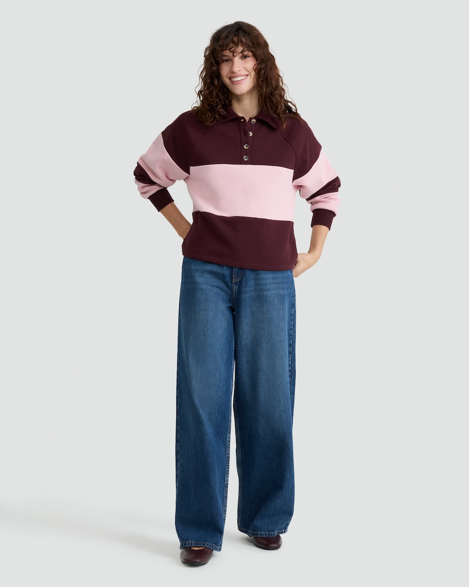 image 1 of F&F Cotton Rich Stripe Print Collared Rugby Sweatshirt in Multi Pink