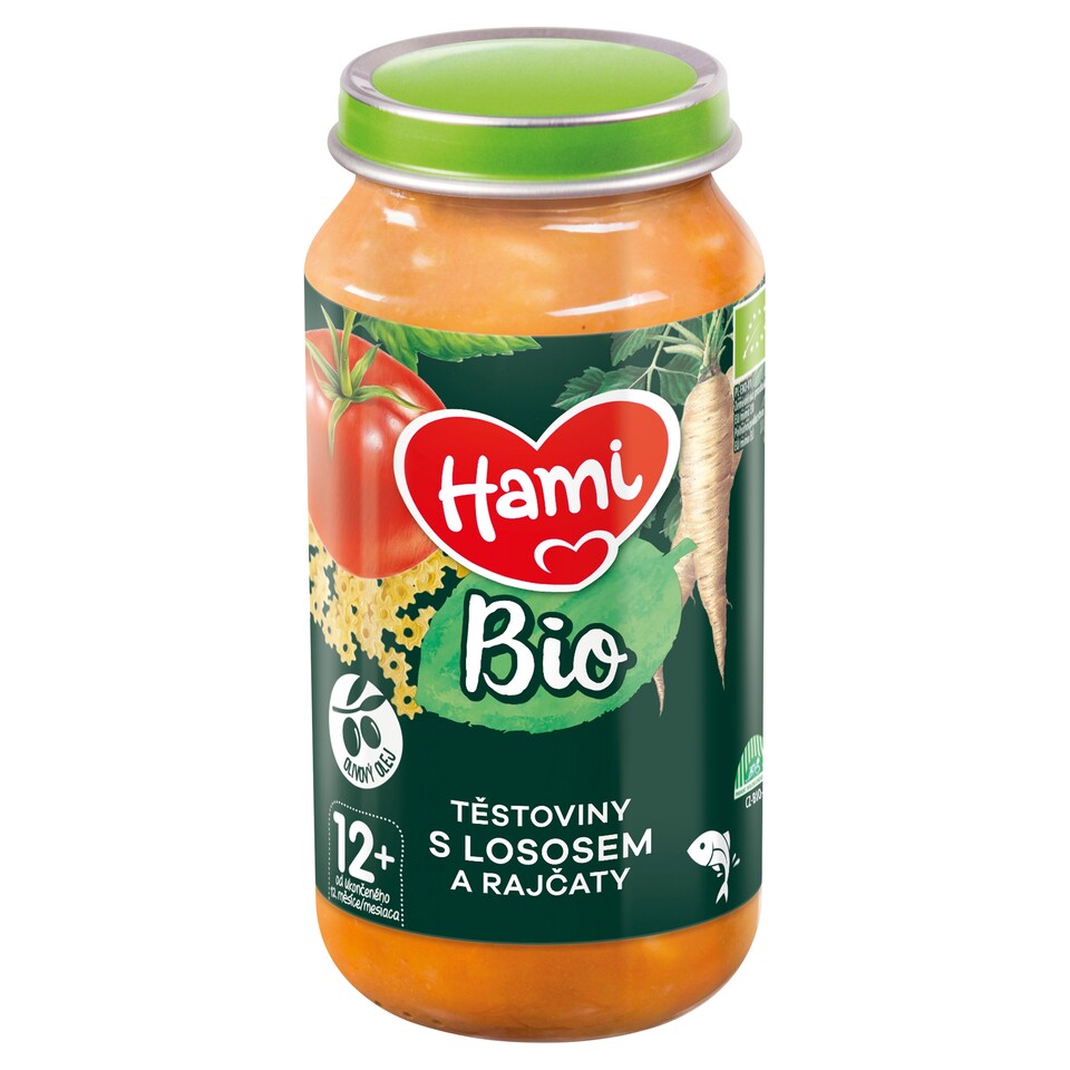 Hami BIO mäsovo-zeleninový príkrm Cestoviny s lososom a paradajkami 12+, 250 g
