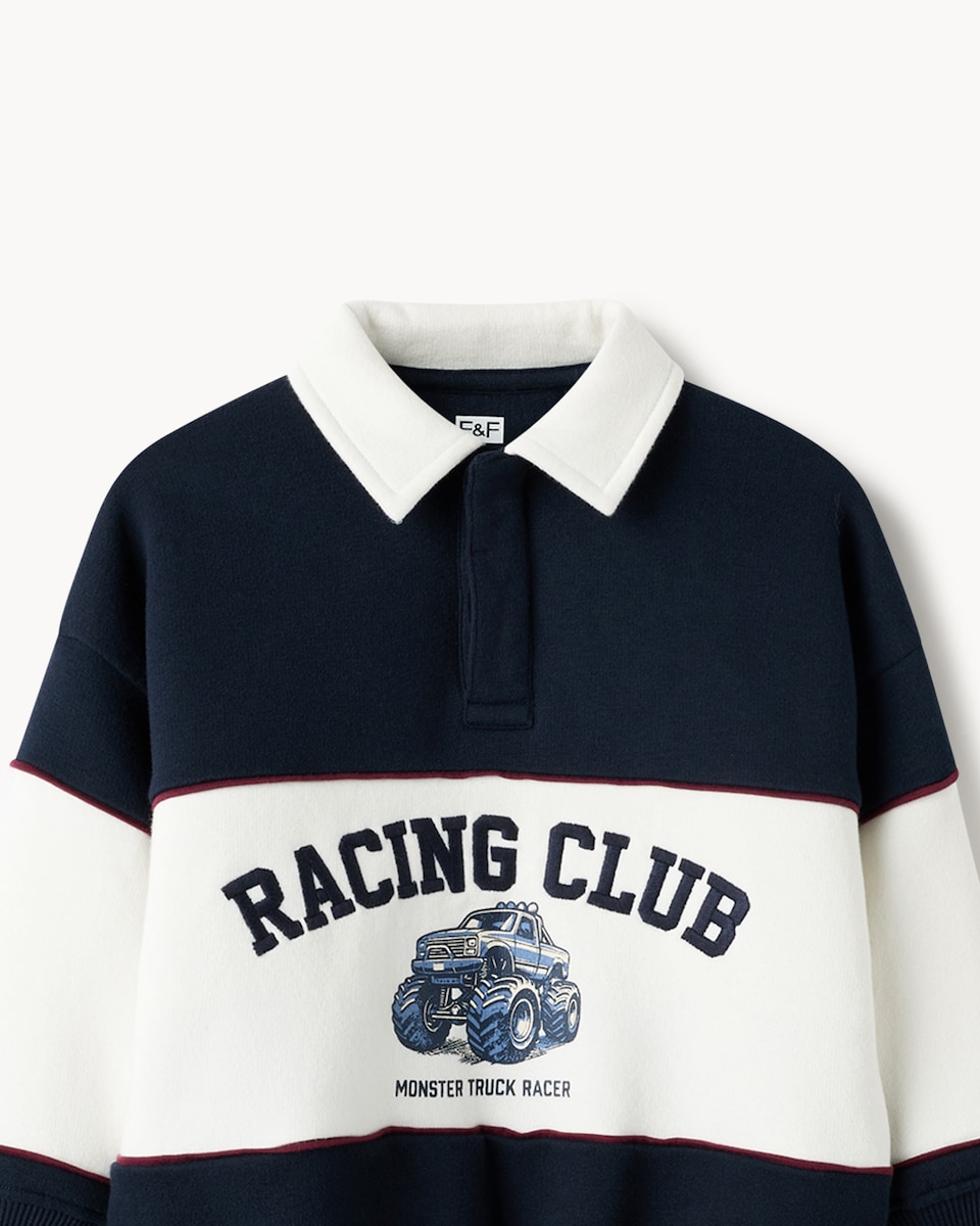 image 1 of F&F Boys Cotton Rich Racing Club Rugby Sweatshirt and Joggers Set in Navy