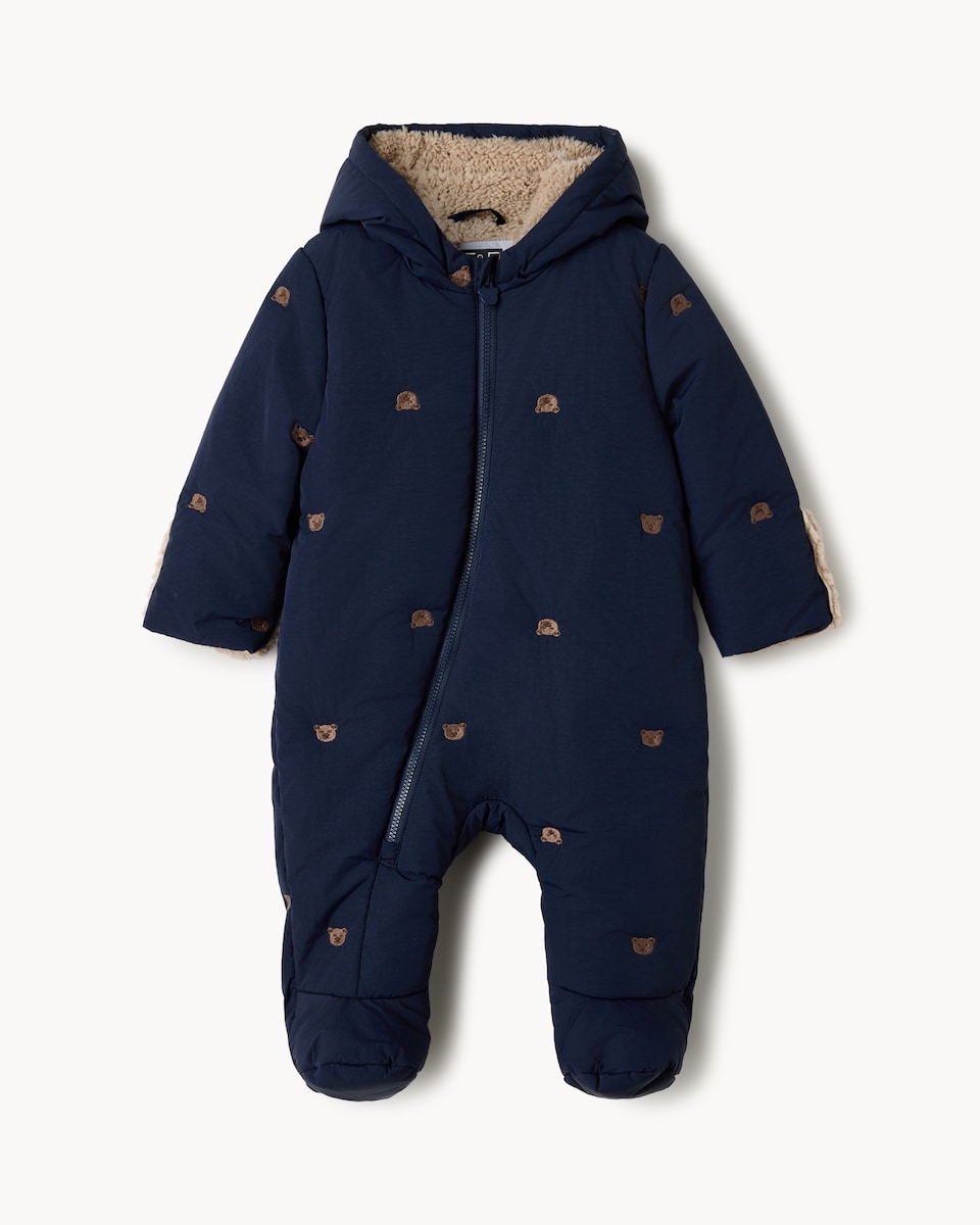 image 1 of F&F Baby Embroidered Bear Pramsuit in Navy