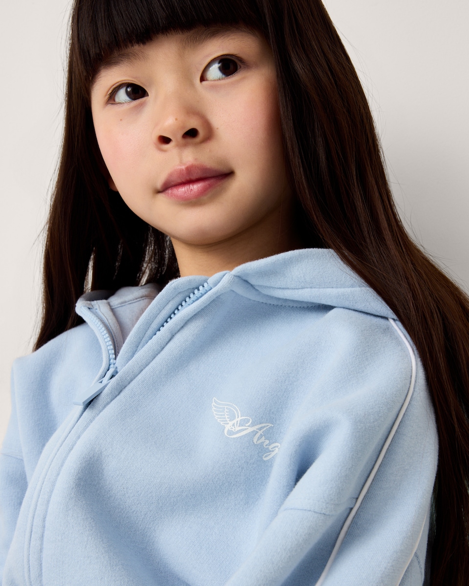 image 1 of F&F Girls Cotton Rich Angel Zip Up Hoodie in Blue