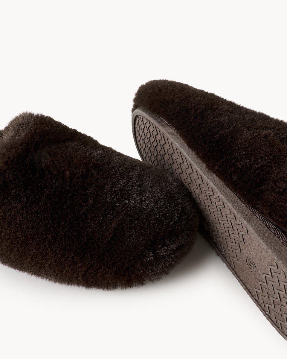 image 1 of F&F Faux Fur Mule Slippers in Chocolate