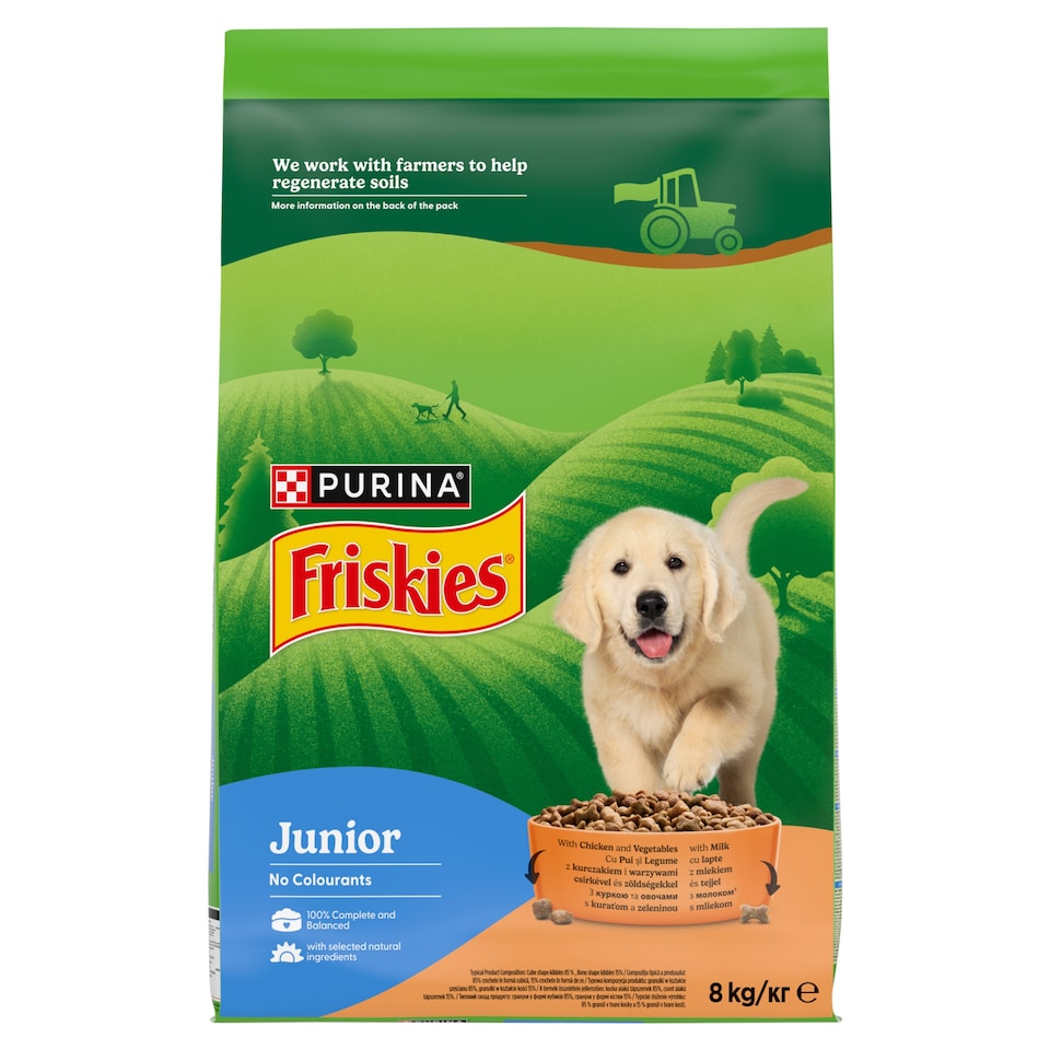 Purina Friskies Junior csirkével, hozzáadott zöldségekkel és tejjel száraz kutyaeledel 8 kg