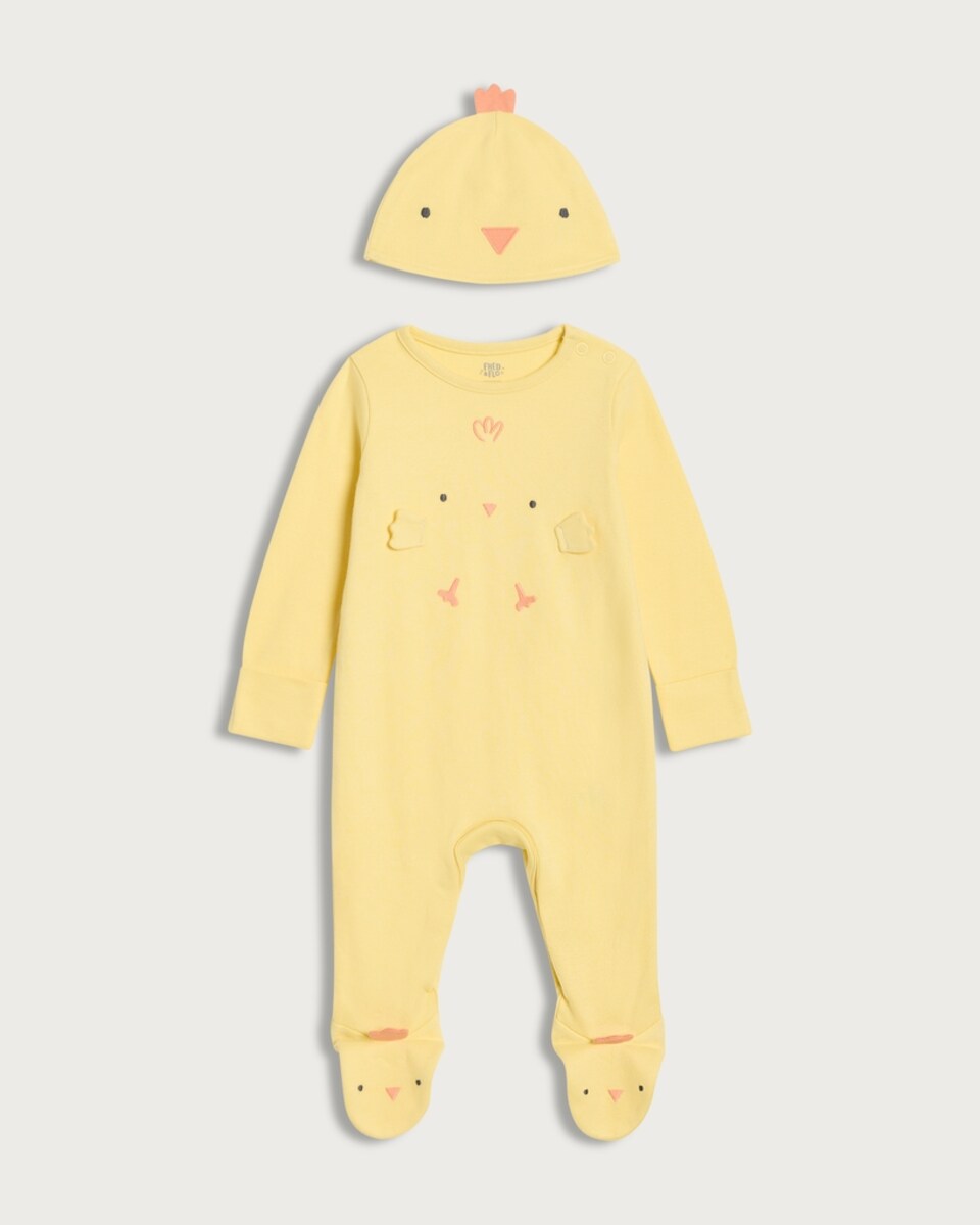 F&F Baby 2-Piece Pure Cotton Chick All-in-one with Hat in Yellow