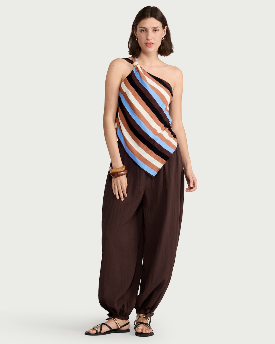 image 1 of F&F Striped Asymmetric One Shoulder Top in Multi Black