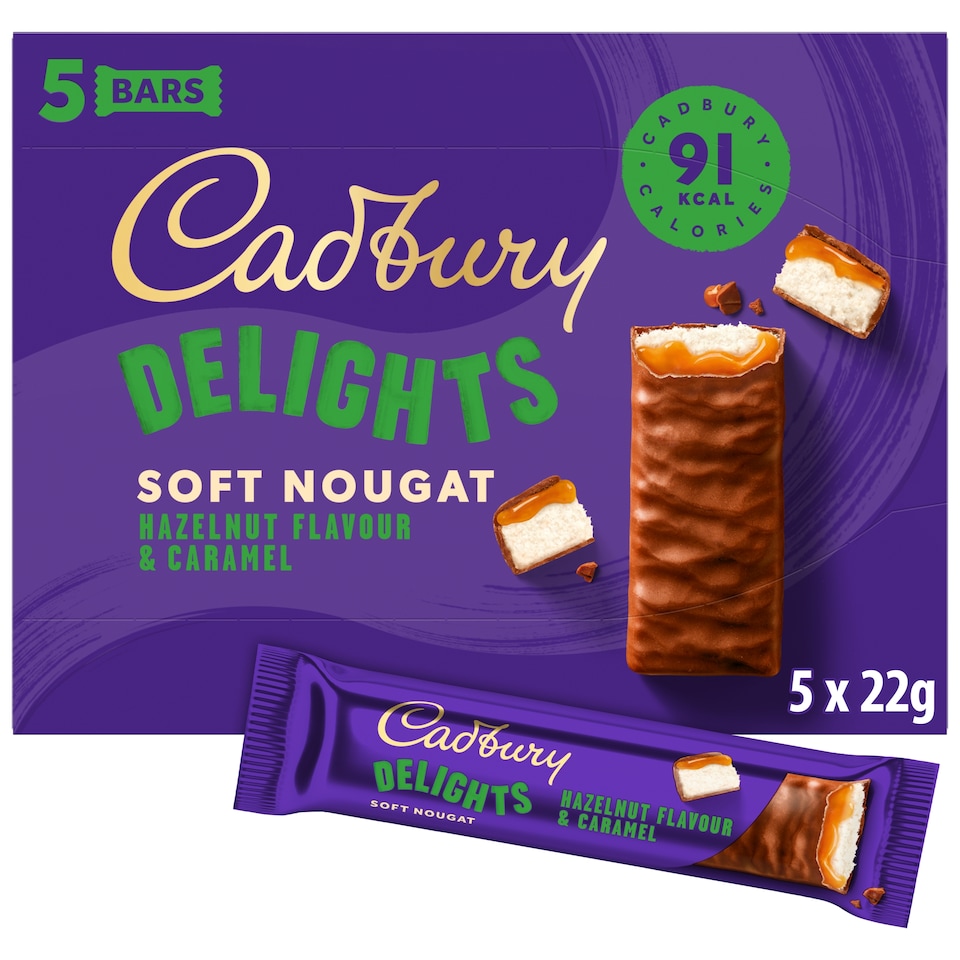 Cadbury Delights Hazelnut Caramel Chocolate Nougat Bar 5 Pack 110g