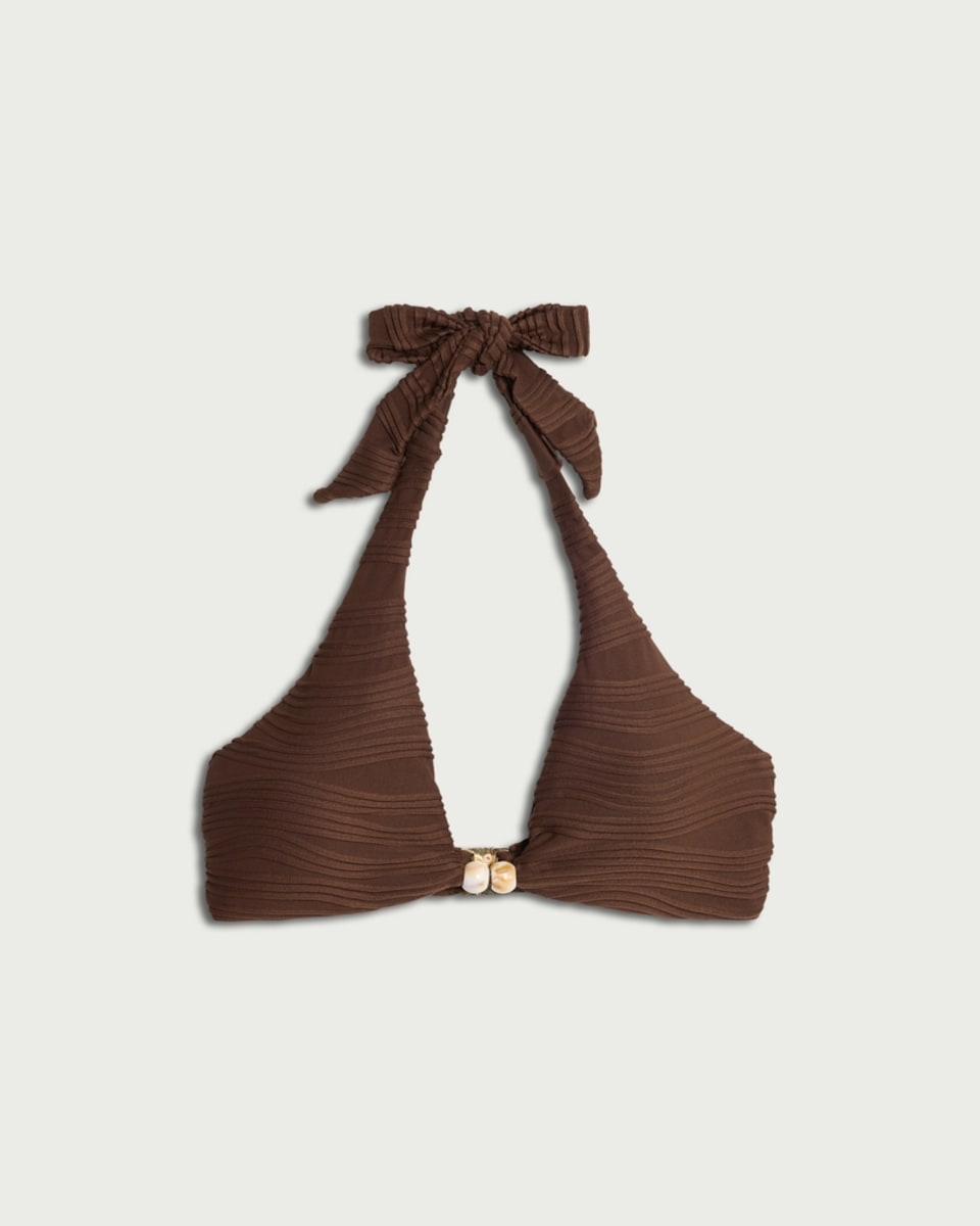 image 1 of F&F Textured Halter Neck Bead Detail Bikini Top in Brown