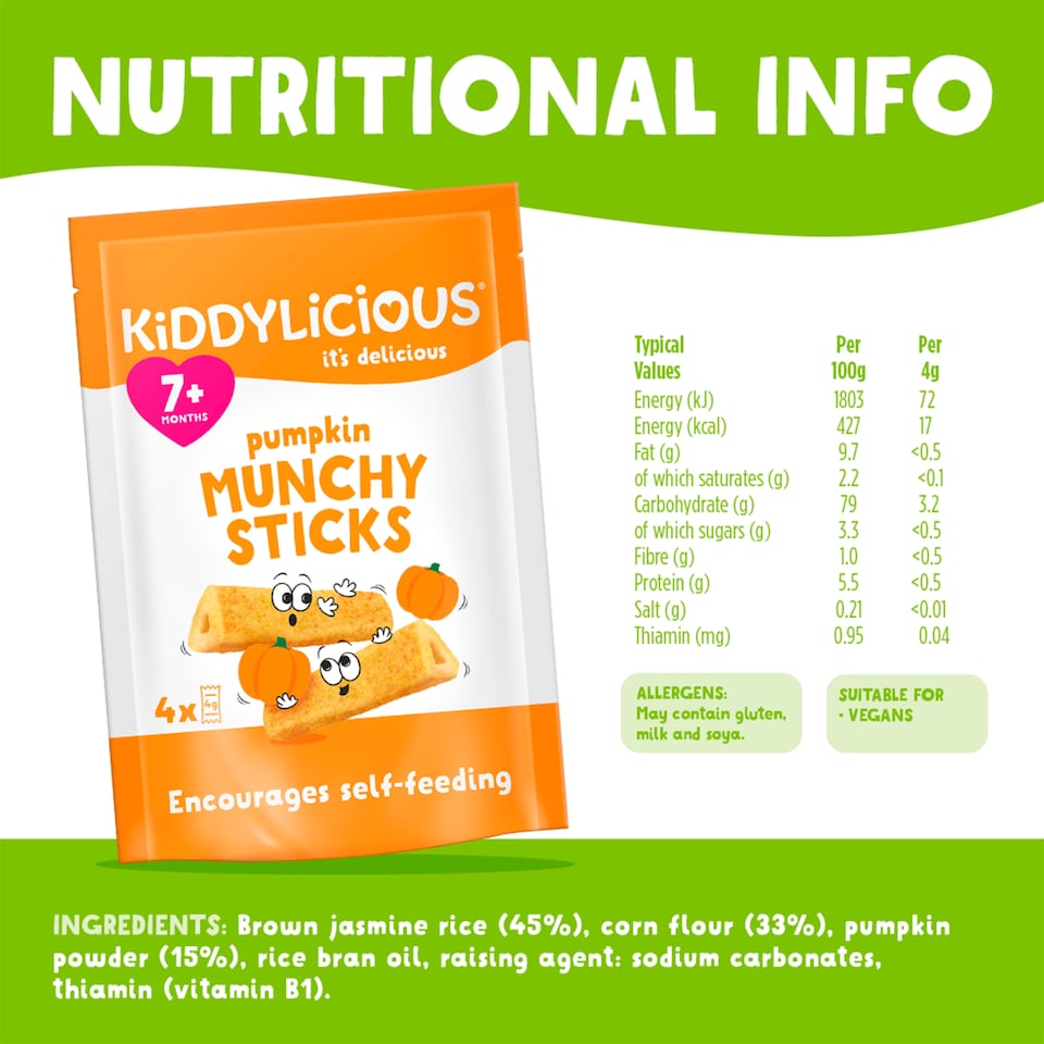 image 1 of Kiddylicious Pumpkin Munchy Sticks 4x4g