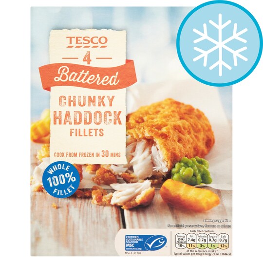 TESCO 4 BATTERED CNKY PRIME HDDK FILLETS 500G Tesco Groceries