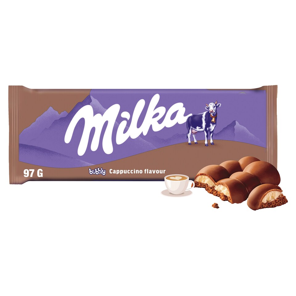 Milka čokoláda Bubbly mliečna z alpského mlieka s náplňou s príchuťou Cappuccino, s bublinkami 97 g