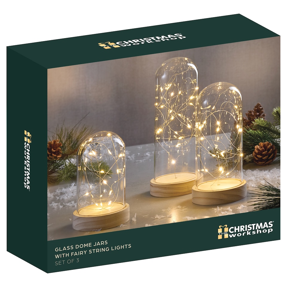 image 1 of Christmas Workshop Glass Dome Jars with Fairy String Lights Set Of 3