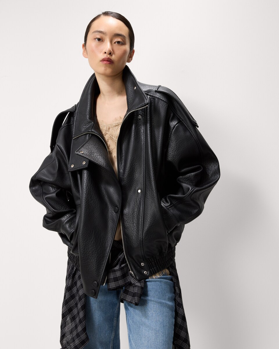 image 1 of F&F Faux Leather Funnel Neck Oversized Fit Jacket in Black