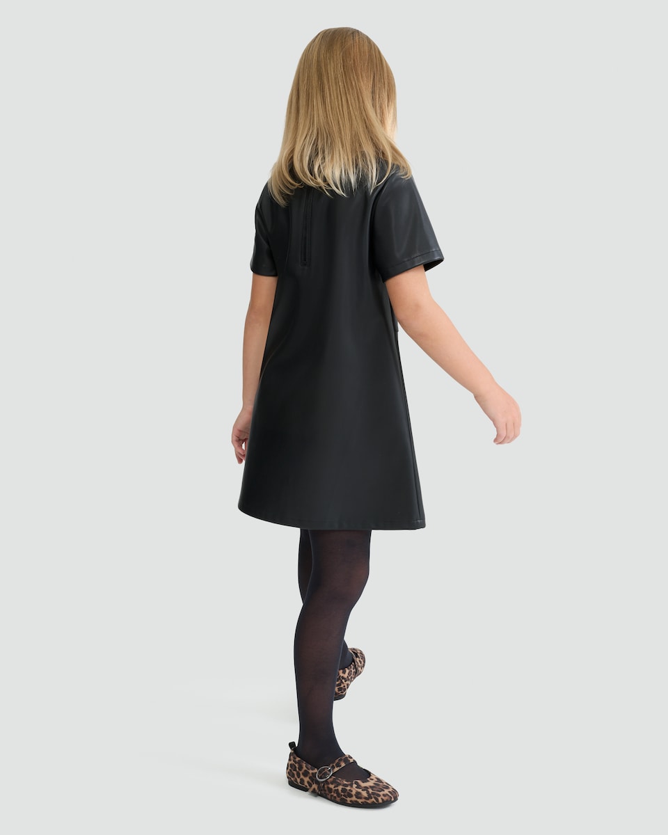 image 1 of F&F Girls Faux Leather Short Sleeved Dress in Black