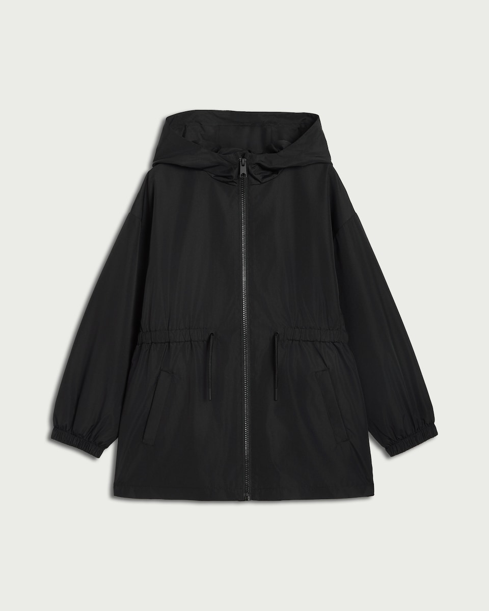 image 1 of F&F Girls Cinched Waist Hooded Raincoat in Black