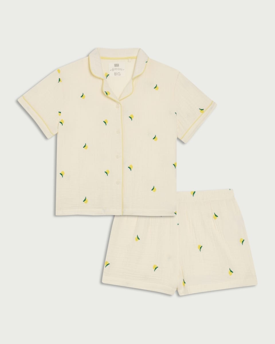 image 1 of F&F Girls 2-Piece Pure Cotton Lemon Shorts Pyjama Set in Yellow