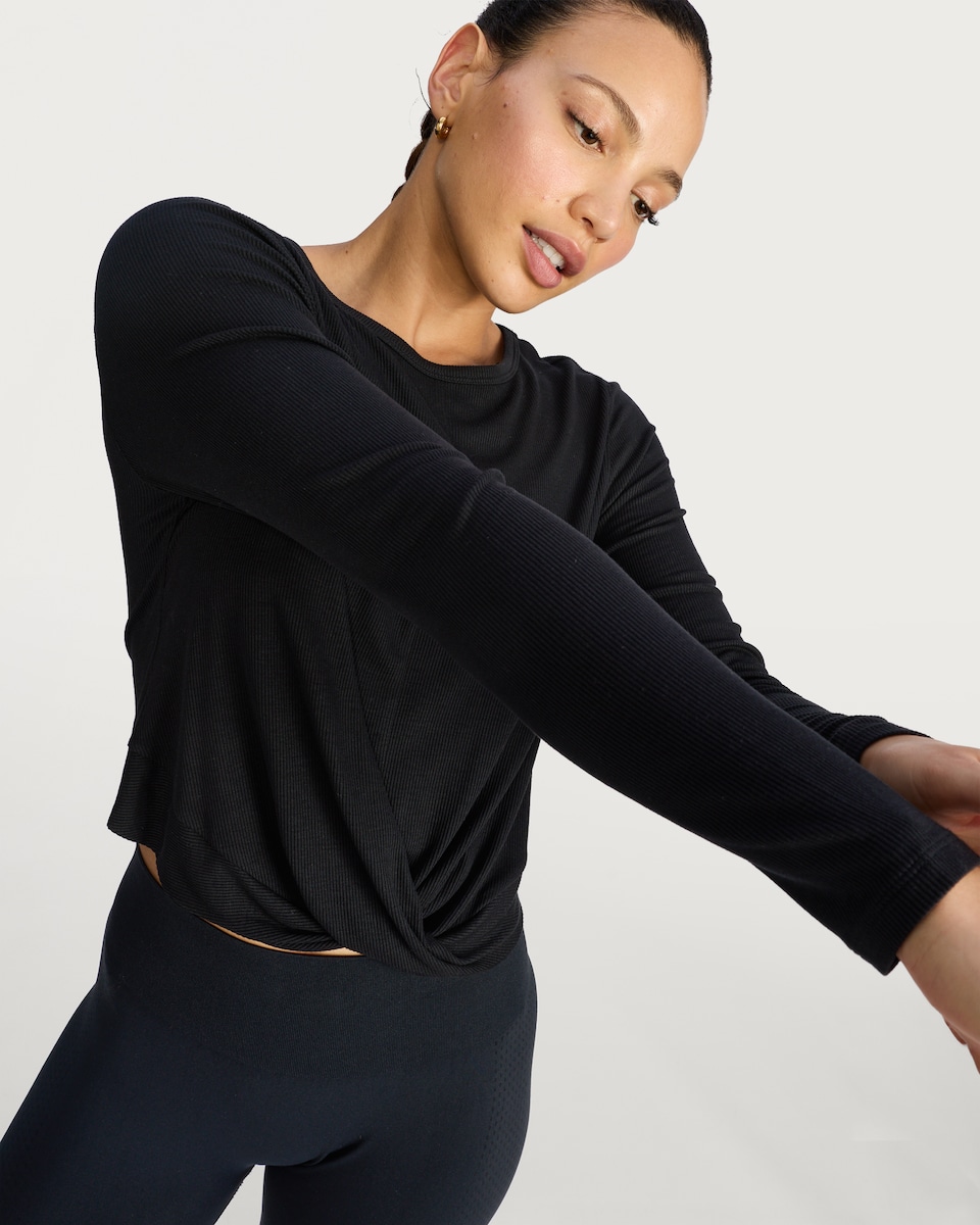 image 1 of F&F Active Long Sleeved Cross Over Top in Black
