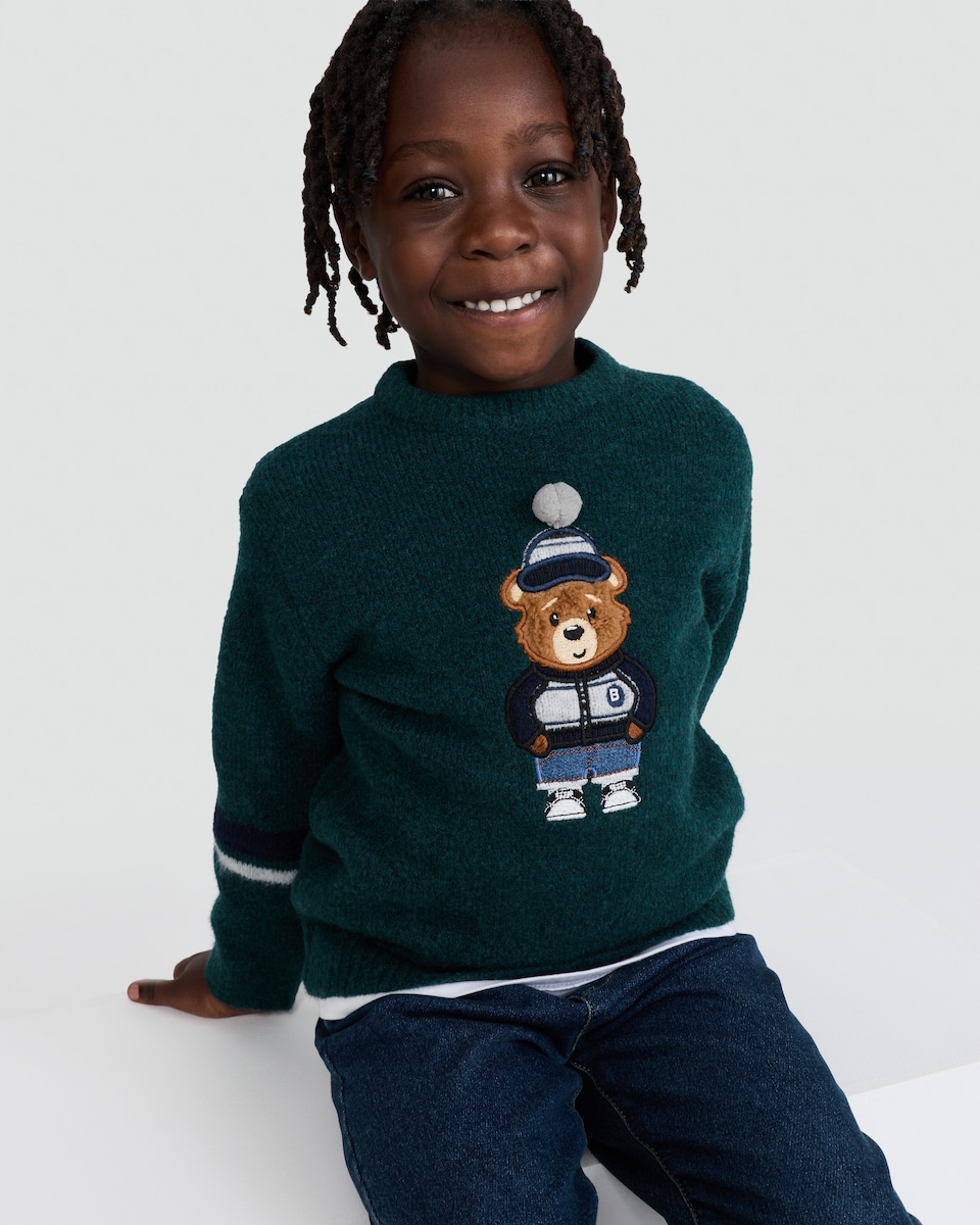 image 1 of F&F Boys Textured Knit Bear Print Jumper in Green
