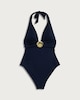 image 4 of F&F Shell Detail Halterneck Plunge Swimsuit in Navy