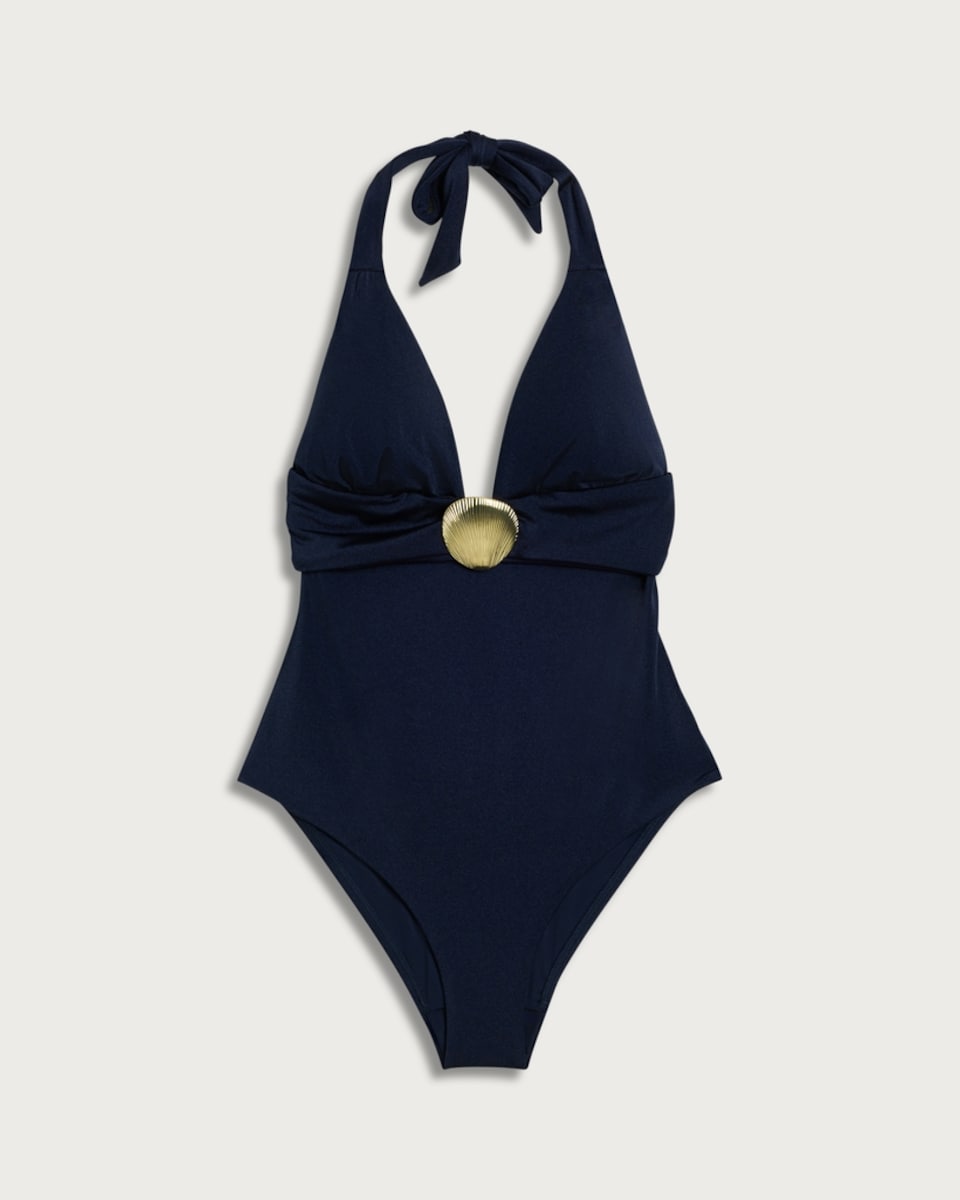 image 1 of F&F Shell Detail Halterneck Plunge Swimsuit in Navy