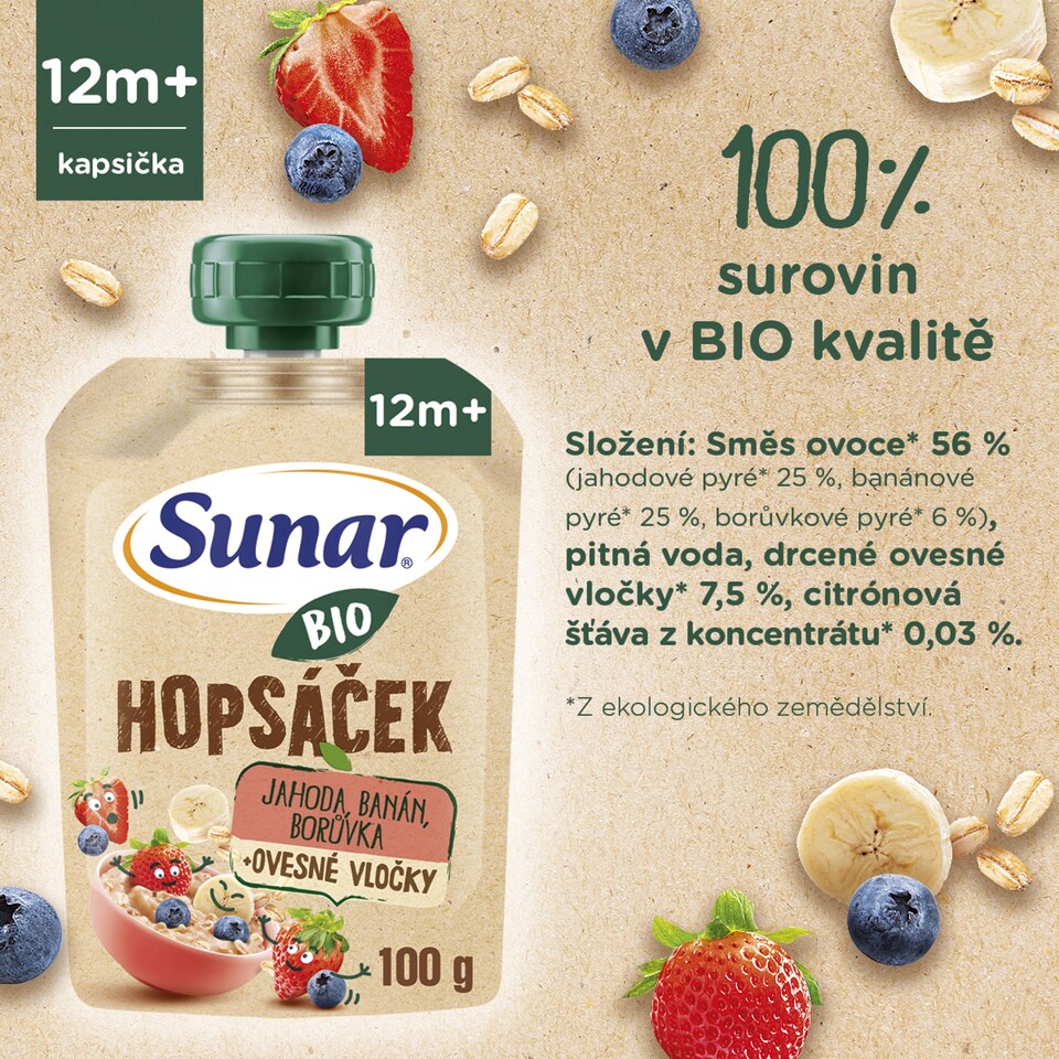 Obrázek 1 pro produkt Sunar BIO ovocná kapsička Hopsáček jahoda, banán, borůvka a ovesné vločky 100g