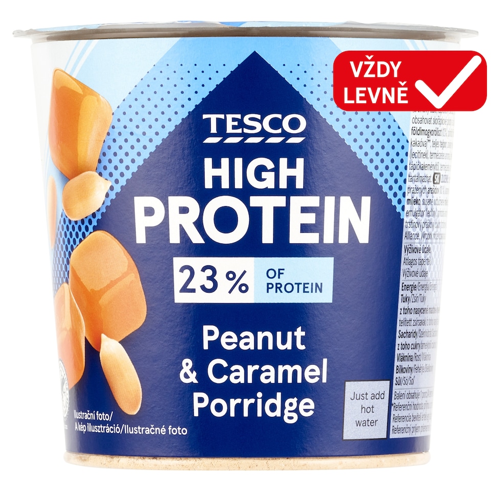 Tesco High Protein instantní arašídová ovesná kaše s kousky pražených arašídů 65g