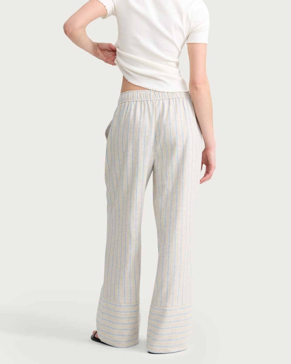 image 1 of F&F Linen Rich Striped Wide Leg Drawstring Trousers in Stone
