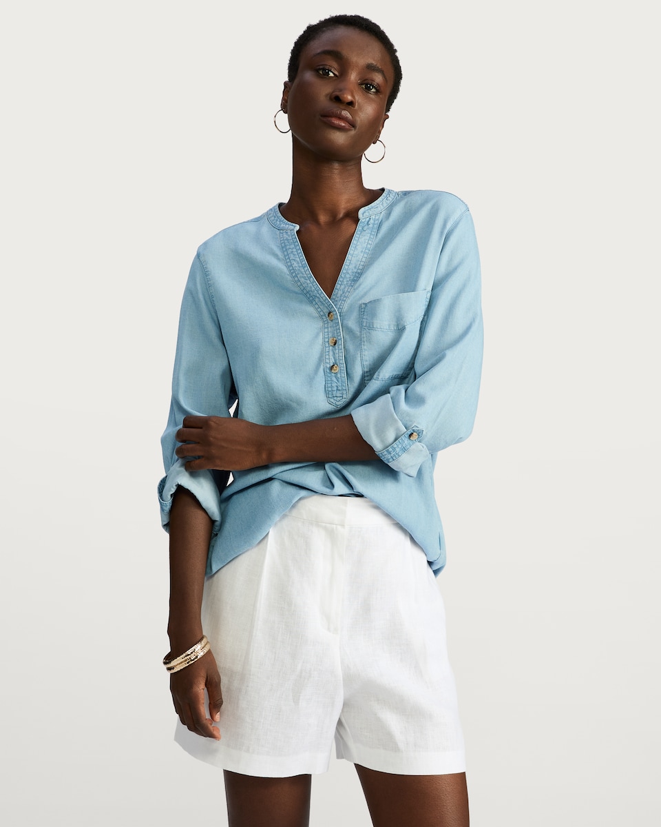 image 1 of F&F TENCEL™ Button Detail Roll Sleeved Blouse in Blue