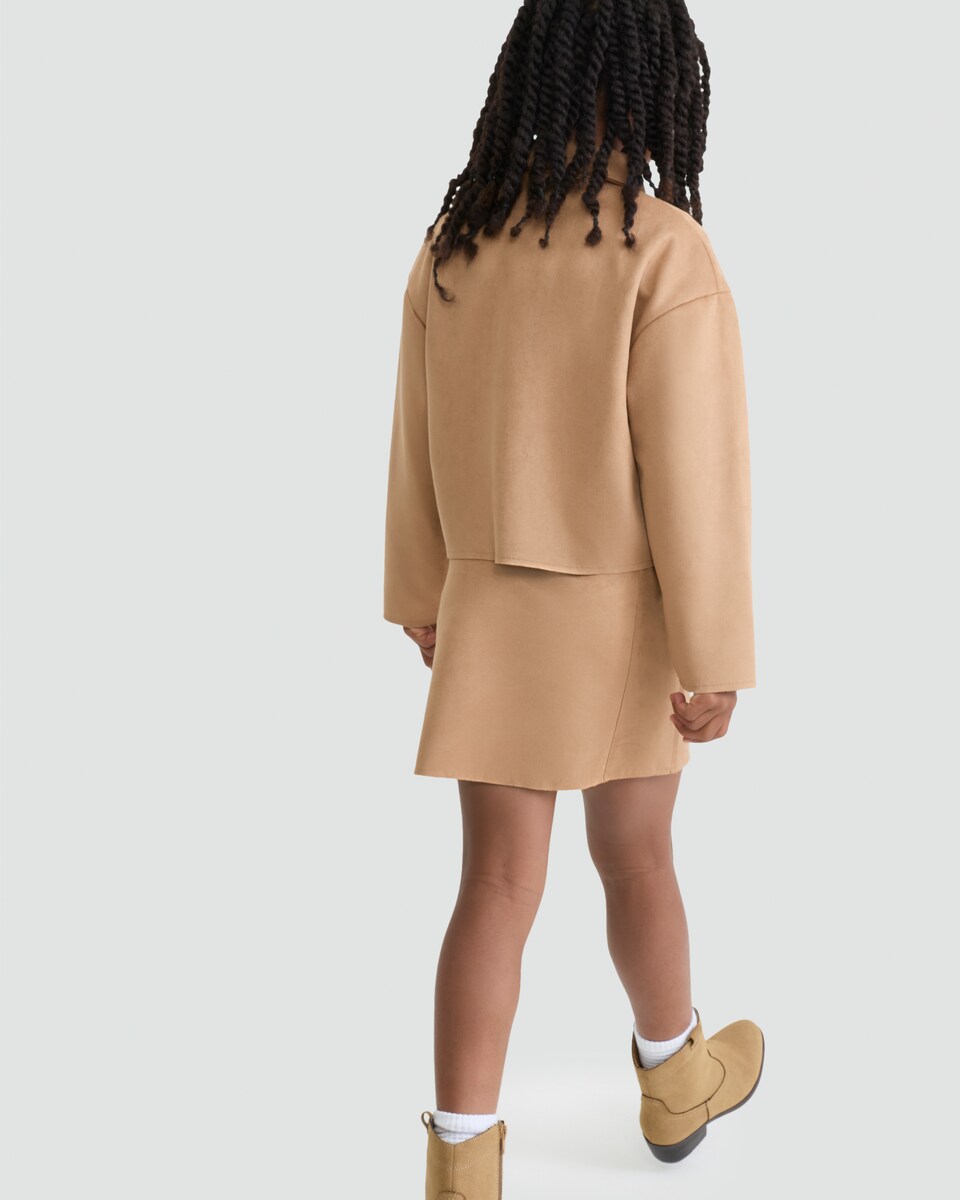 image 1 of F&F Girls Faux Suede Button Up Jacket in Brown