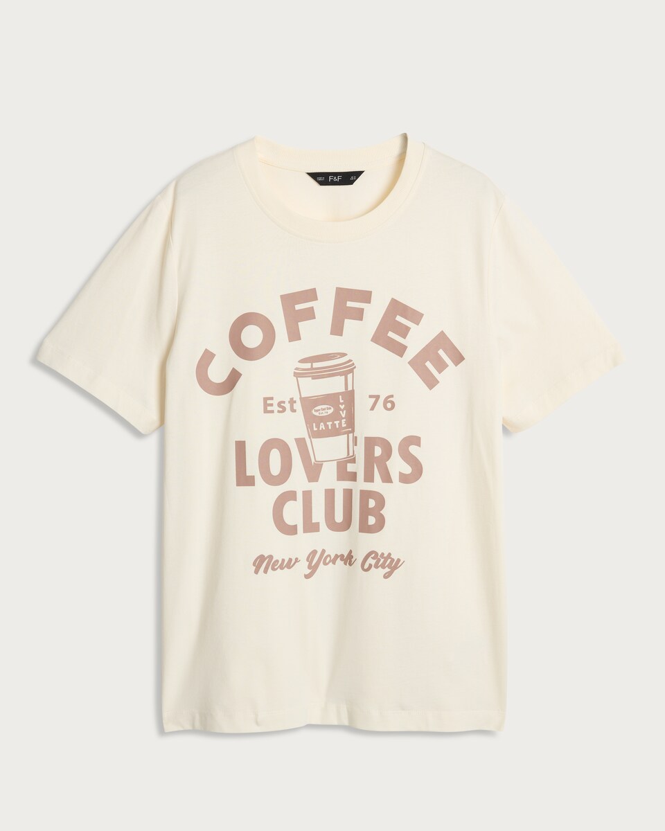 F&F Pure Cotton Coffee Lovers Club Print T-Shirt in Cream