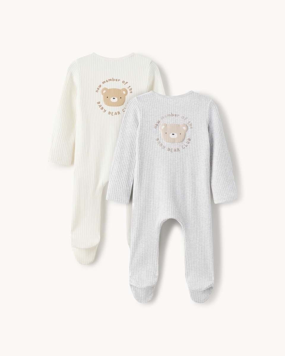 image 1 of F&F Baby 2-Pack Cotton Rich Bear Club Sleepsuits in White