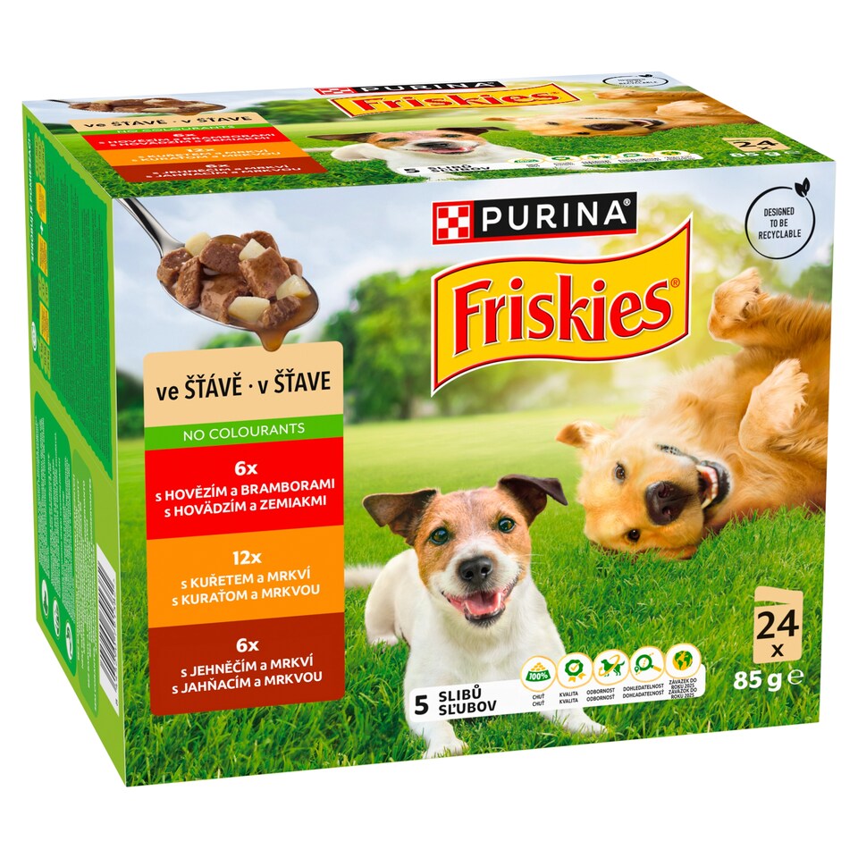 PURINA FRISKIES Adult výběr s hovězím, kuřetem a jehněčím ve šťávě 24 x 85g