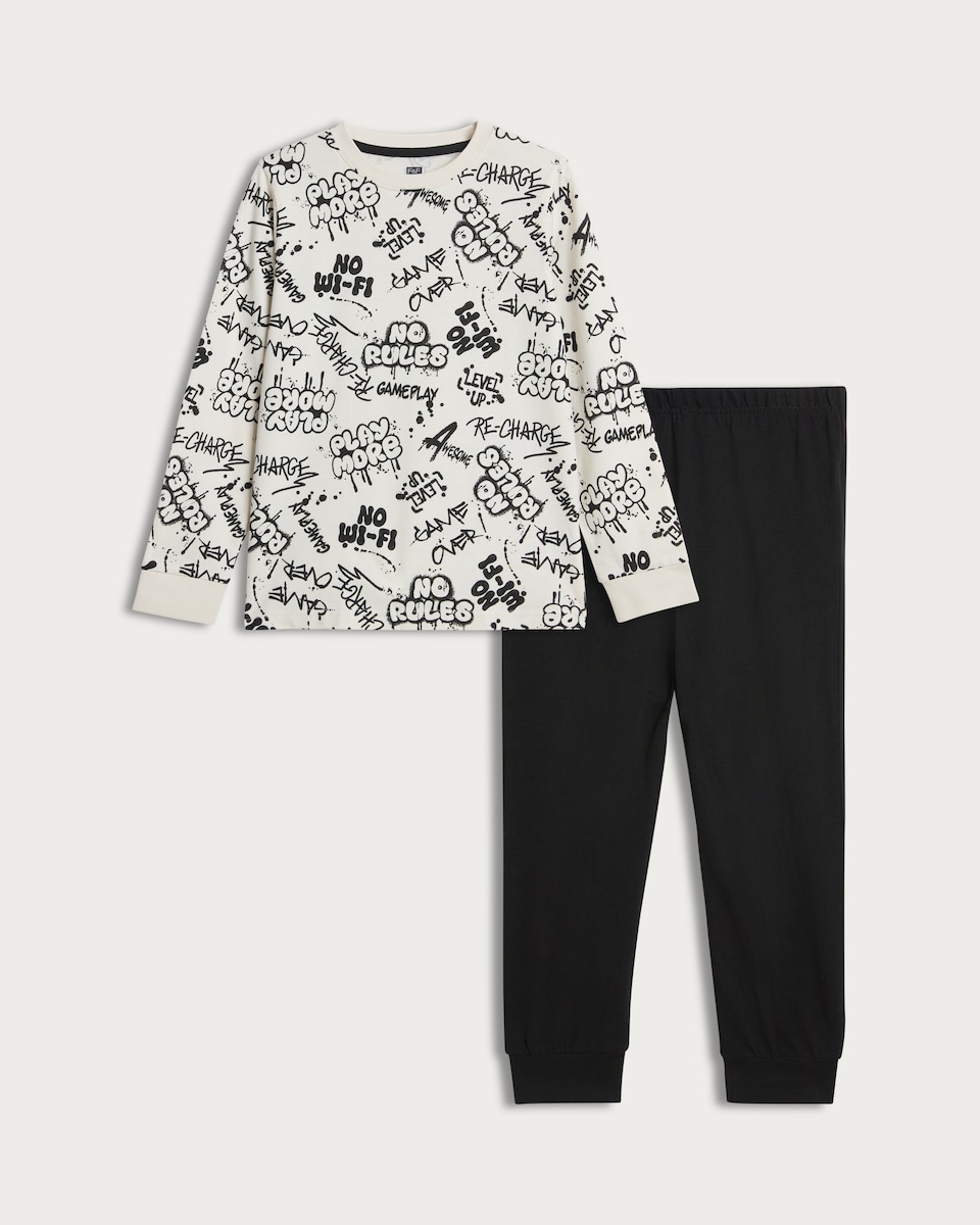 F&F Boys Pure Cotton Graffiti Printed Top and Cuffed Joggers Pyjamas in Multi